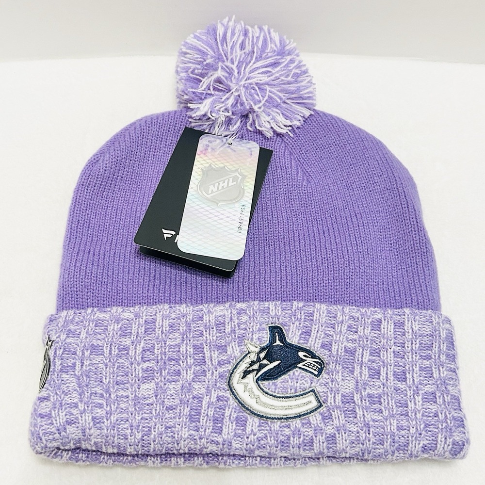 Fanatics Vancouver Canucks Hockey Fights Cancer Beanie Hat Cap Pom Cuffed Purple